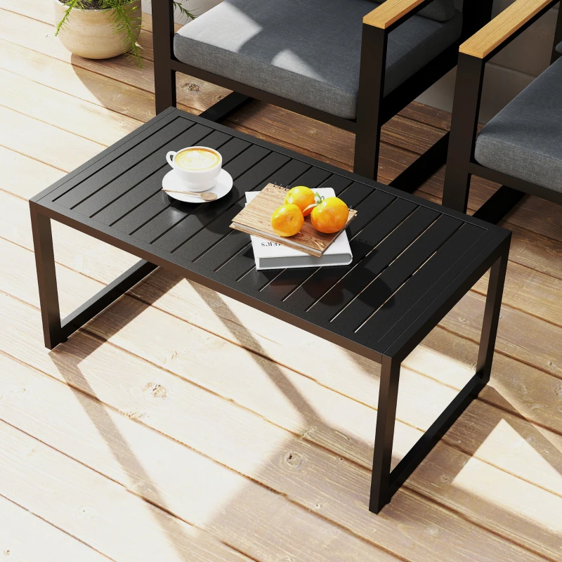 Outsunny Tavolino con design a stecche Tavolo da balcone in alluminio Tavolino da caffè resistente alle intemperie 90 x 50 x 42 cm Nero