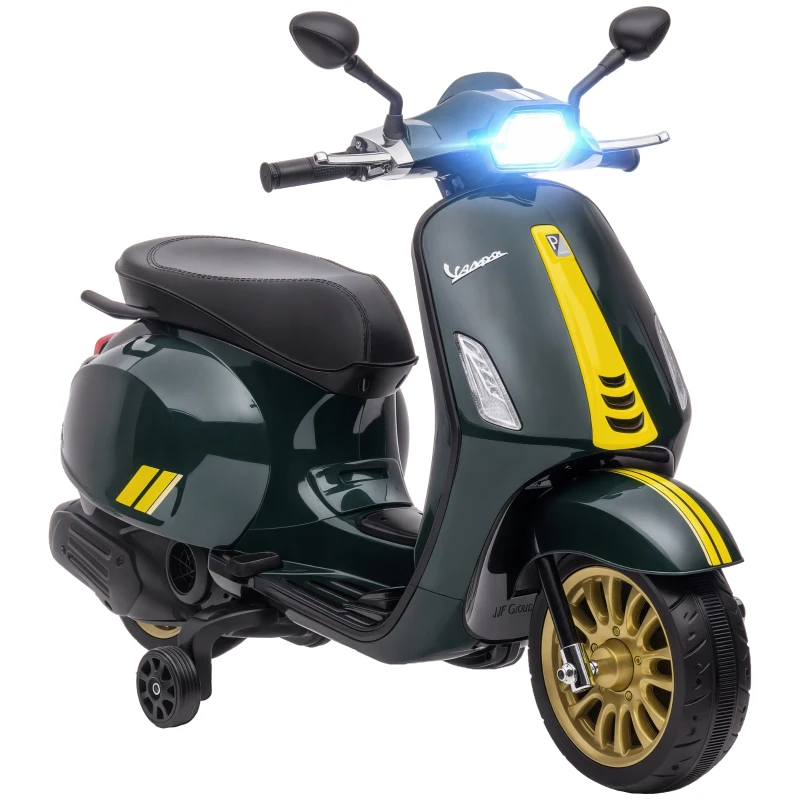 AIYAPLAY Moto elettrica per bambini, Vespa, 3 km/h, 3-6 anni, musica, luci & radio, Verde scuro