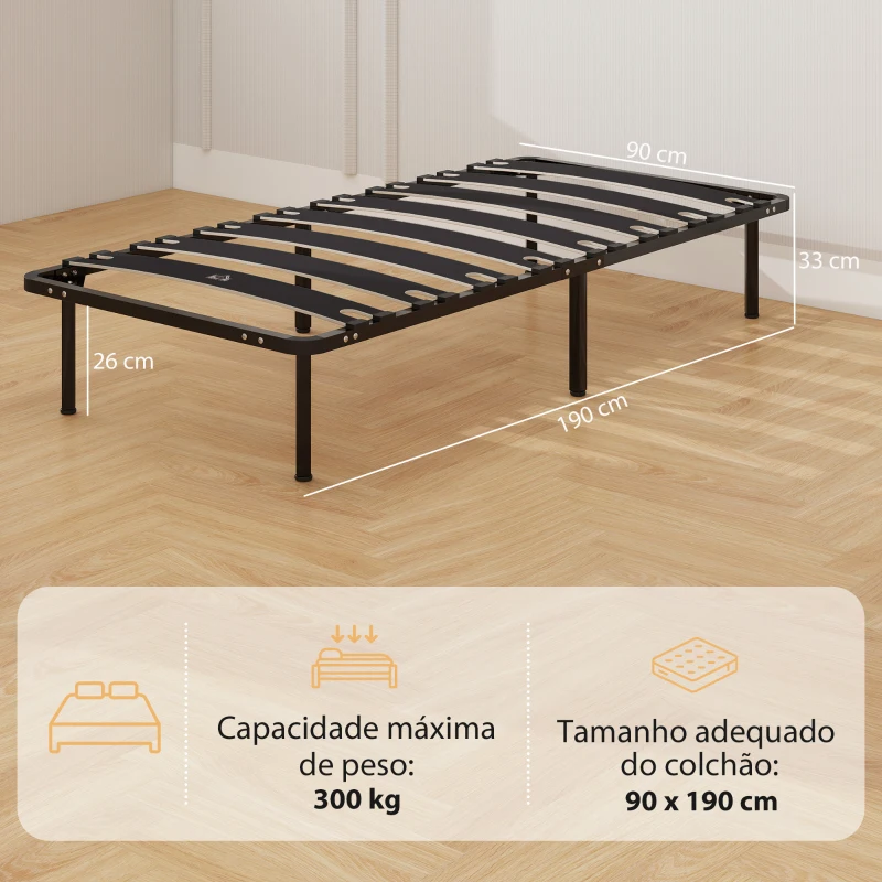 HOMCOM Estrutura de Cama 90x190 cm de Aço com Espaço de Armazenamento em Madeira de Álamo Capacidade 300 kg Preto