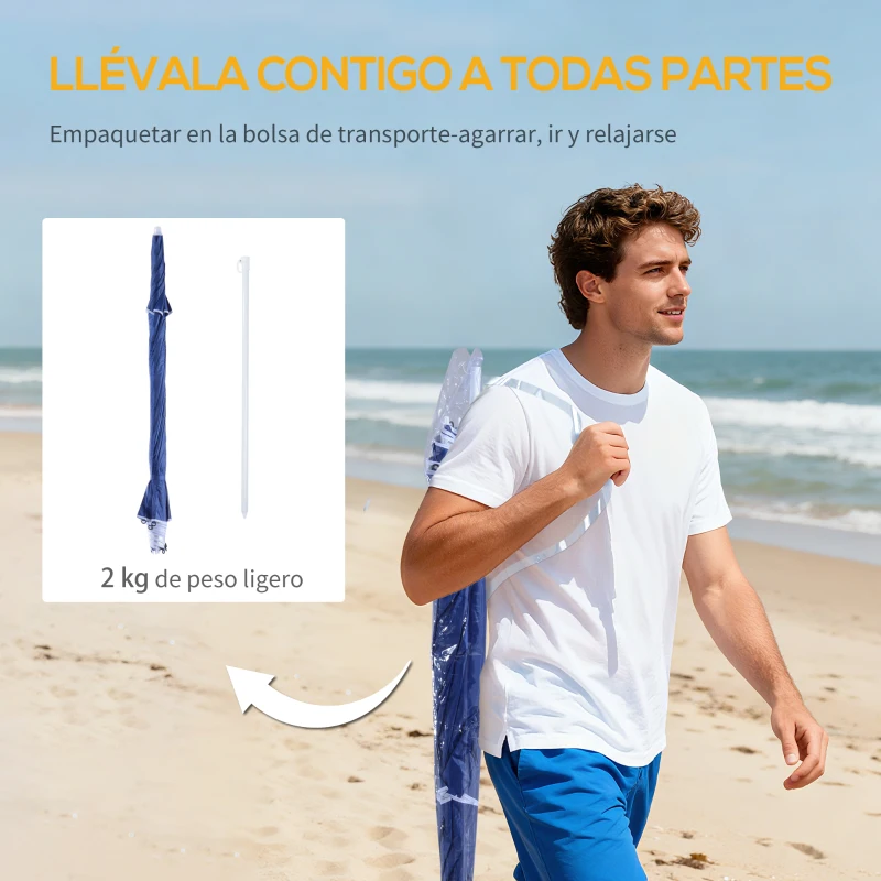 Outsunny Parasol para Playa 2 en 1 con 2 Paneles Laterales Toldo Portátil Anti-UV con Bolsa de Transporte Ø210x222cm Azul