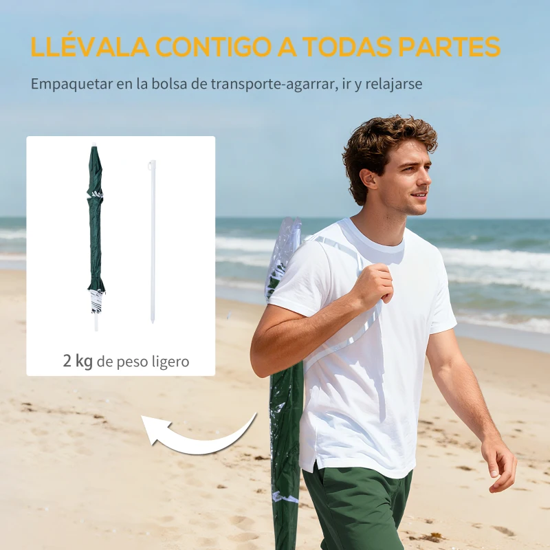 Outsunny Parasol para Playa 2 en 1 con 2 Paneles Laterales Toldo Portátil Anti-UV con Bolsa de Transporte Ø210x222cm Verde