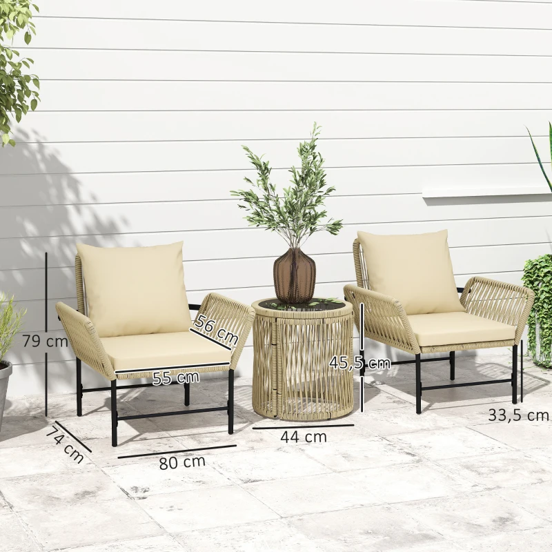 Outsunny Set mobili da giardino in polyrattan, mobili per balcone outdoor per 2 persone, 3 pezzi con 2 sedie, tavolino, cuscini
