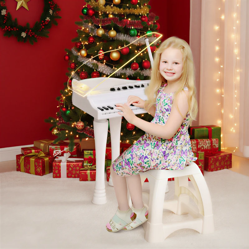 AIYAPLAY Piano enfant électronique 32 touches multifonctions avec micro haut parleur tabouret couvercle lumineux LED blanc