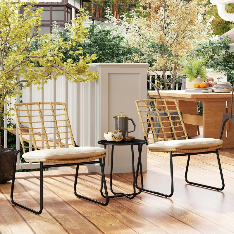 Outsunny Set mobili da giardino 3 pezzi, 2 sedie in rattan, 1 tavolo con piano metallico, cuscini per seduta, set bistro, Beige & Marrone