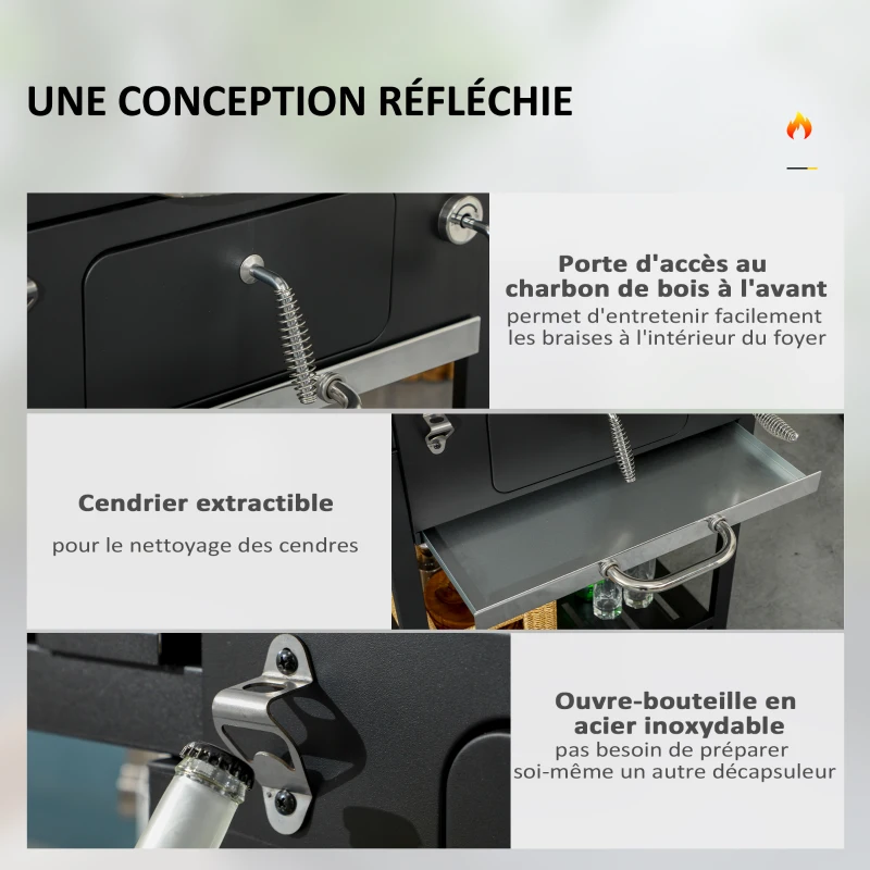 Outsunny Barbecue au charbon de bois bac à charbon réglable, couvercle, thermomètre, tablettes, à roulettes, en acier inoxydable