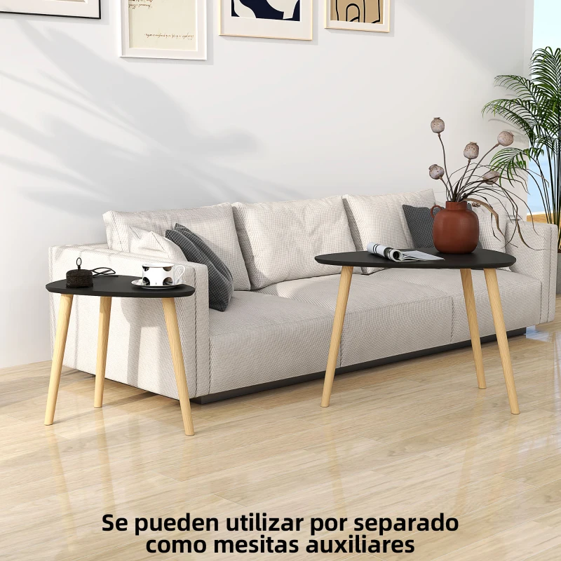 HOMCOM Juego de 2 Mesas de Centro Mesa Nido Moderna Mesitas Auxiliares Patas de Madera de Pino para Salón Negro y Natural
