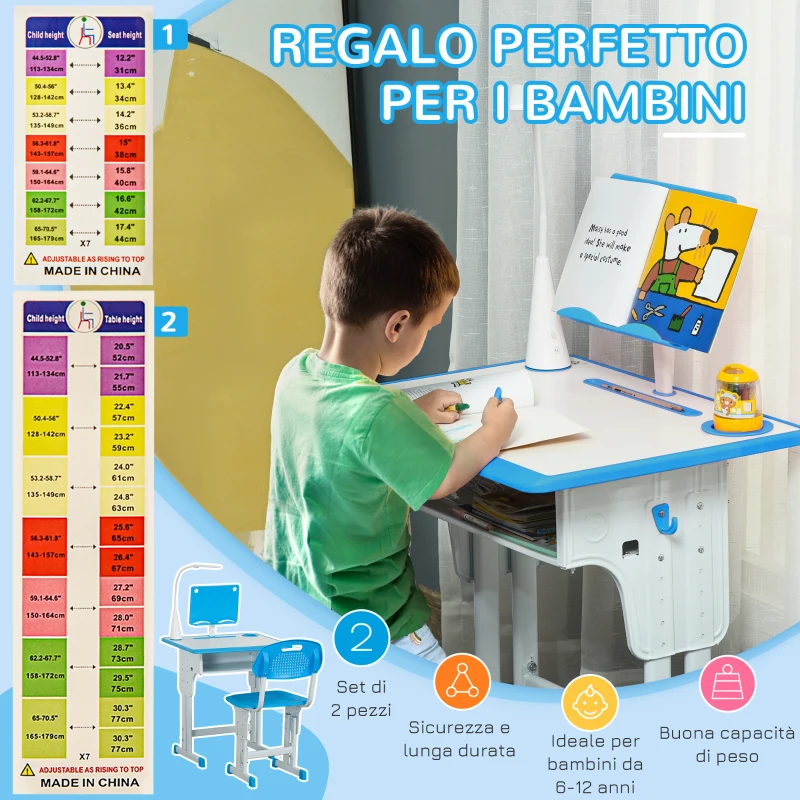 HOMCOM Banco Scuola con Sedia ad Altezza Regolabile e Luce per Bambini 6-12 Anni, Acciaio e MDF, Grigio