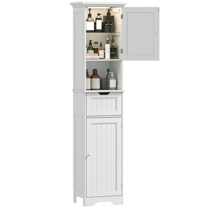 HOMCOM Bathroom Storage Column with LED Lighting, Narrow Storage Unit, Drawer, 2 Doors, 40x30x170cm, White