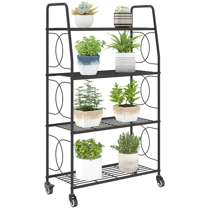 Outsunny Metal Plant Stand with 4 Tiers, Sturdy Ladder Shelf for Flower Pots with Lockable Wheels