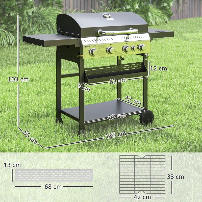 Outsunny Barbecue a gas, 4 bruciatori principali, 1 bruciatore laterale, 1 ripiano scaldavivande, 135 x 55 x 103 cm, Nero