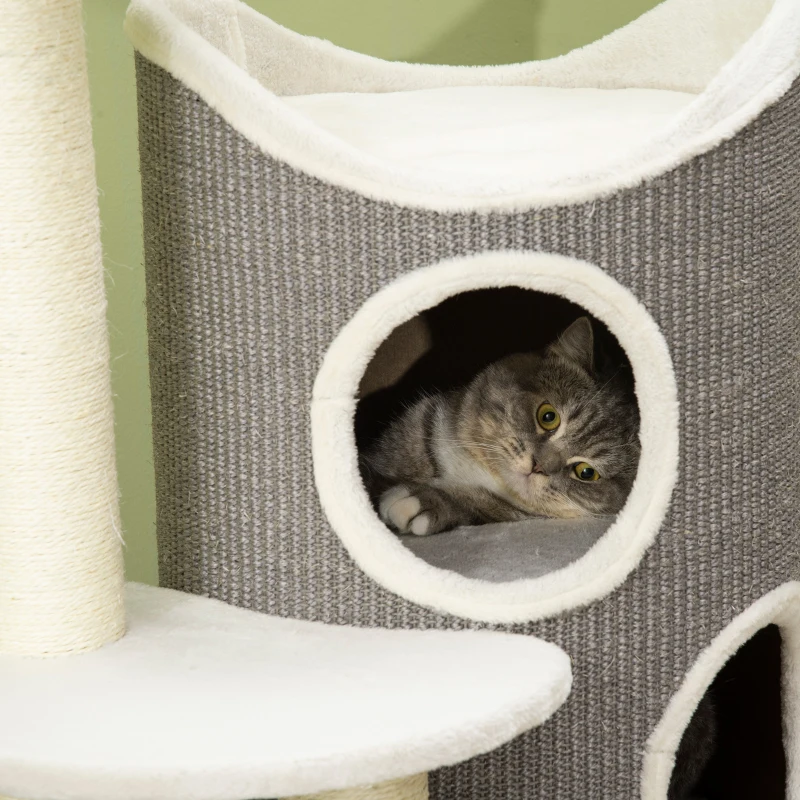 PawHut Tiragraffi con letto per gatti e cilindro per graffi per gatti, 60 cm x 44,5 cm x 109 cm, Grigio + Naturale + Bianco