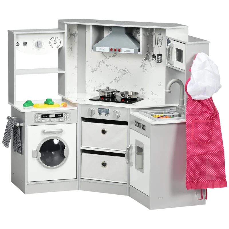 AIYAPLAY Cucina in legno per bambini con 17 accessori verdure in plastica pulsanti e luci cuffia da chef 3-6 anni Grigio Bianco