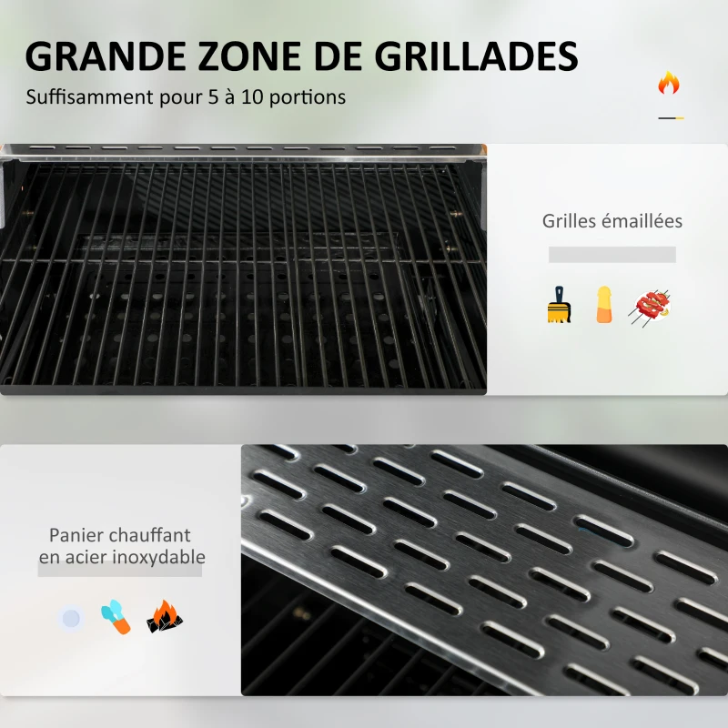 Outsunny Barbecue au charbon de bois bac à charbon réglable, couvercle, thermomètre, tablettes, à roulettes, en acier inoxydable