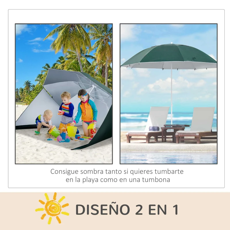 Outsunny Parasol para Playa 2 en 1 con 2 Paneles Laterales Toldo Portátil Anti-UV con Bolsa de Transporte Ø210x222cm Azul