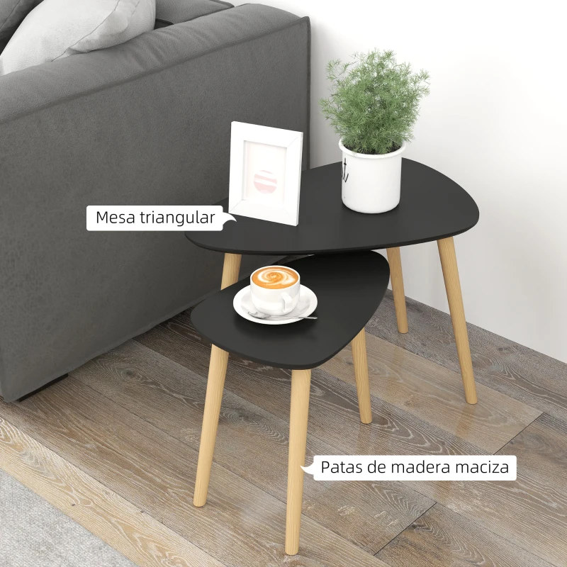 HOMCOM Juego de 2 Mesas de Centro Mesa Nido Moderna Mesitas Auxiliares Patas de Madera de Pino para Salón Negro y Natural