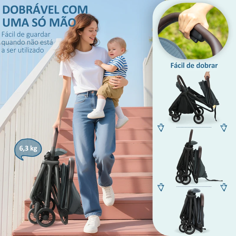 AIYAPLAY Carrinho de Bebé Dobrável com Encosto Reclinável Apoia-Pés Ajustável Capota Arnês de 5 Pontos 87x50x103 cm Azul Escuro