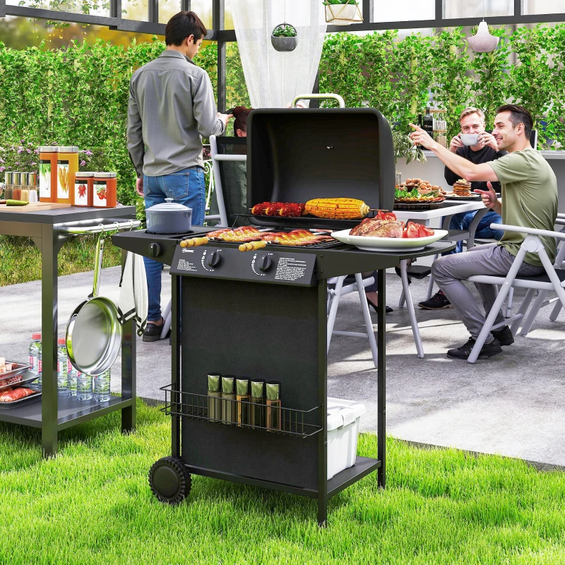 Outsunny Barbecue a gas 7 kW carrello con 3 bruciatori fornello laterale ruota coperchio 107 x 54 x 96 cm Nero