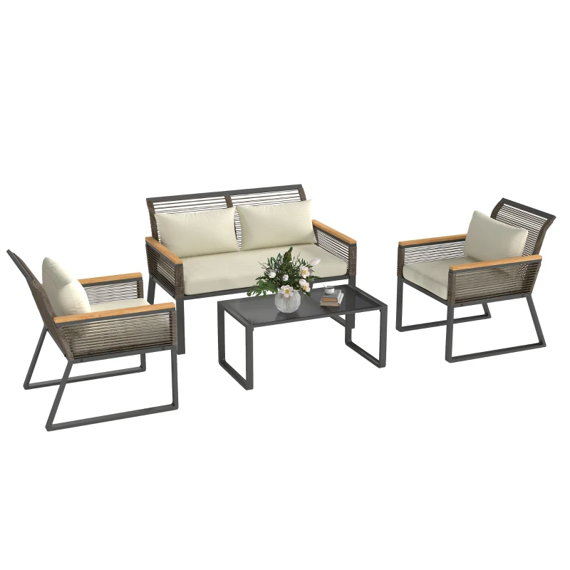 Outsunny Set mobili da giardino in polyrattan per 4 persone resistente alle intemperie set per balcone con divano 2 posti, 2 sedie, tavolo in vetro cuscini Beige