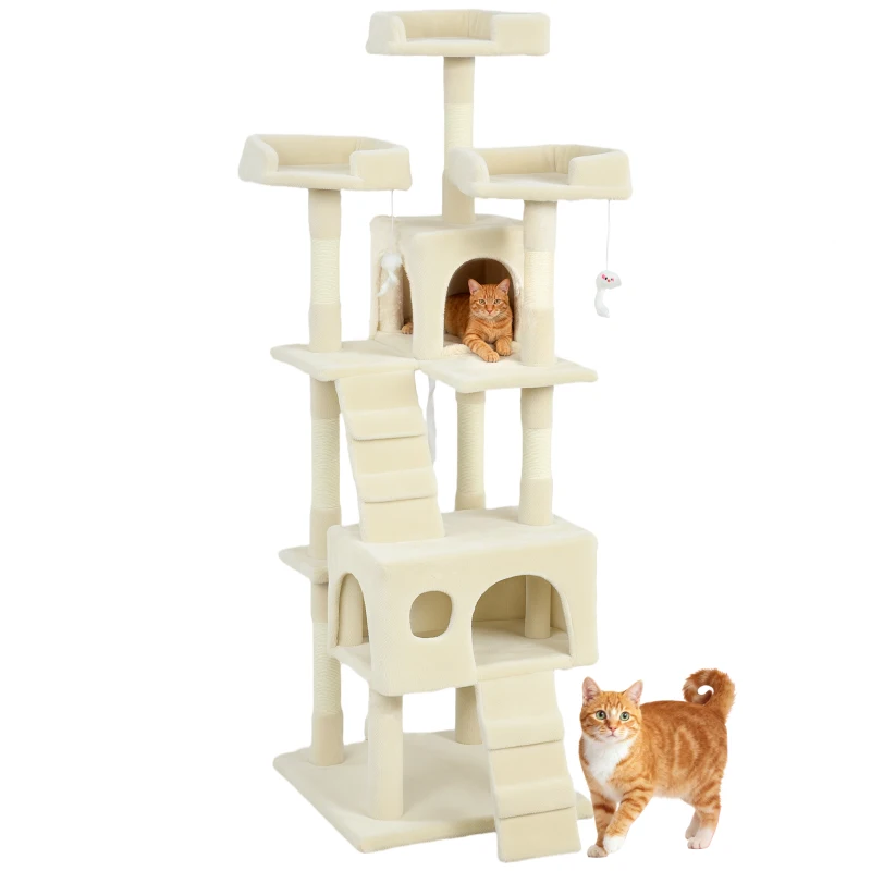 PawHut Albero Tiragraffi per Gatti Albero per Gatti 153 cm con 2 Casette 3 Letti 2 Rampe Montanti in Sisal Topolini Appendibili Crema
