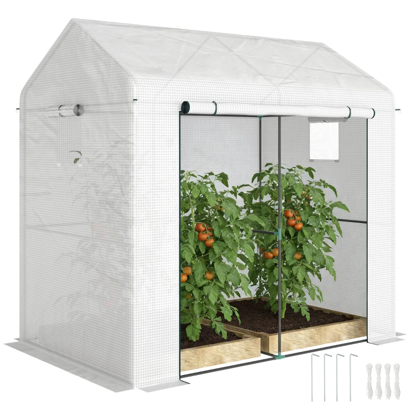 Outsunny PE Garden Greenhouse, Balcony Greenhouse, Reinforced 135 g/m² Cover, Steel Frame, Zippered Door, 200 x 140 x 200 cm, White