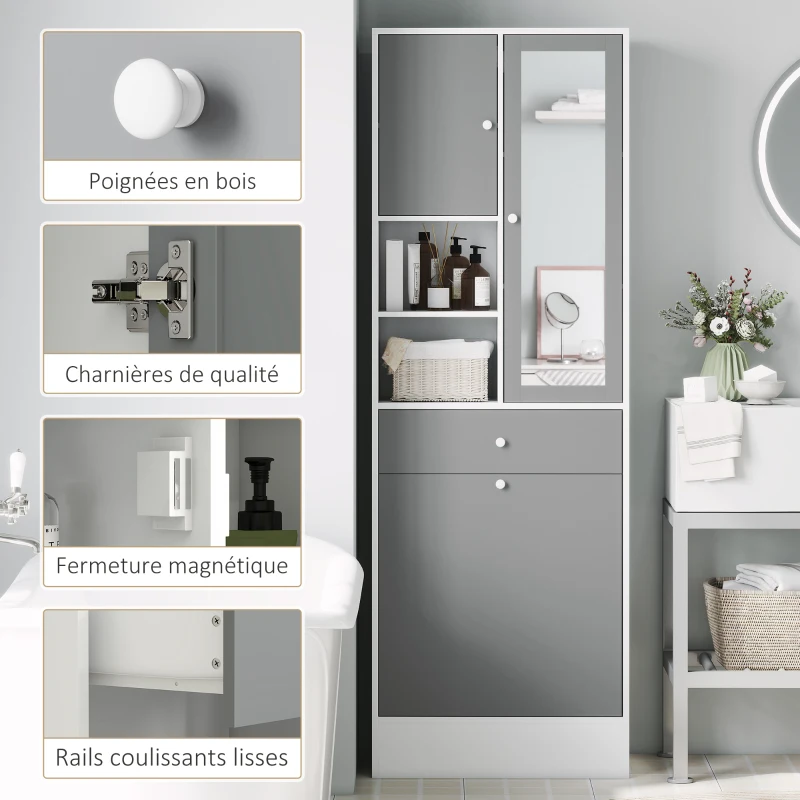 HOMCOM Armadio da bagno con cestino per il bucato e porta specchiata ripiano regolabile 62 x 28,3 x 181 cm grigio e bianco