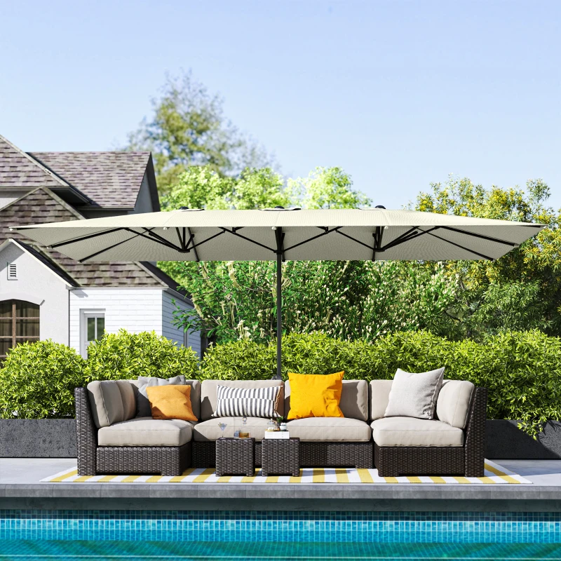 Outsunny Ombrellone a doppia faccia, 451 x 264 cm Ombrellone con sistema a manovella, 12 stecche metalliche, Asta in alluminio, Bianco crema