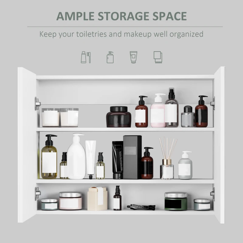 HOMCOM Double Door Wall Mounted Glass Mirror Cabinet Modern Storage Unit Bathroom Shelf Organiser Waterproof Wooden Frame 80Wx15Dx60H(cm)