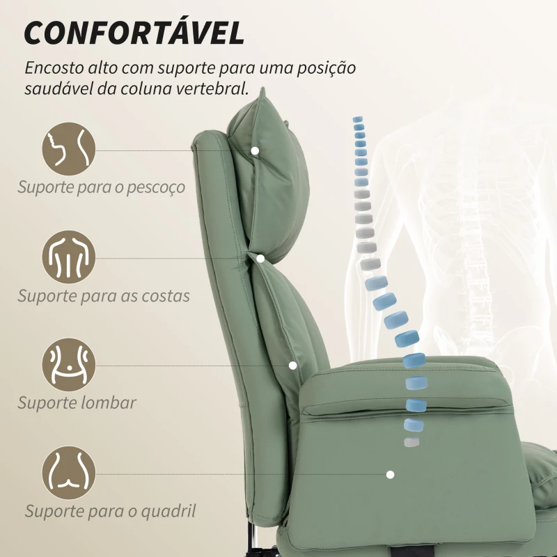 HOMCOM Cadeira de Secretária com Apoio para os Pés  Encosto Reclinável Estofada em Couro Sintético 69x65x108-116 cm Verde