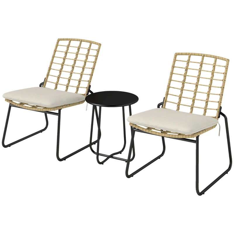 Outsunny Set mobili da giardino 3 pezzi, 2 sedie in rattan, 1 tavolo con piano metallico, cuscini per seduta, set bistro, Beige & Marrone