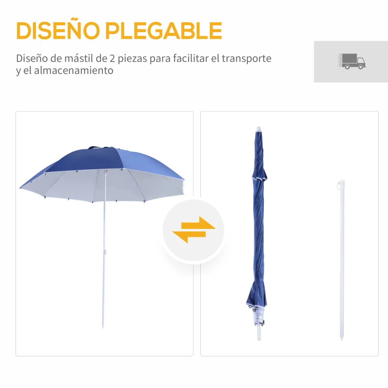 Outsunny Parasol para Playa 2 en 1 con 2 Paneles Laterales Toldo Portátil Anti-UV con Bolsa de Transporte Ø210x222cm Azul
