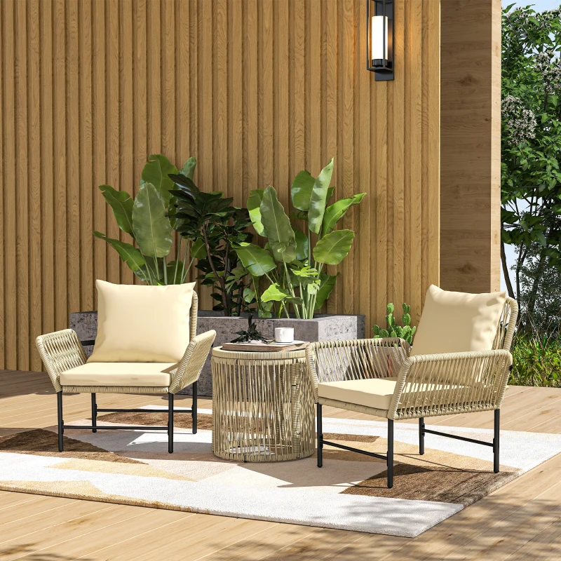 Outsunny Set mobili da giardino in polyrattan, mobili per balcone outdoor per 2 persone, 3 pezzi con 2 sedie, tavolino, cuscini
