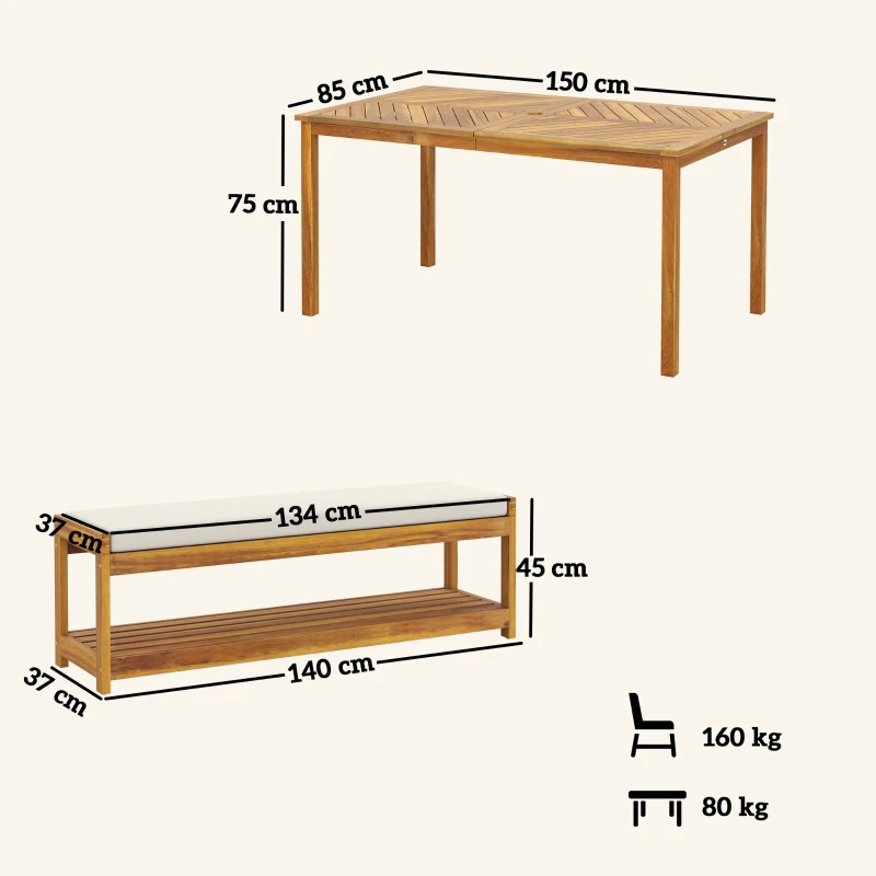 Outsunny Set da 3 pz. Mobili da giardino, con tavolo da pranzo con foro per ombrellone e 2 panche 150 x 85 x 75 cm Legno