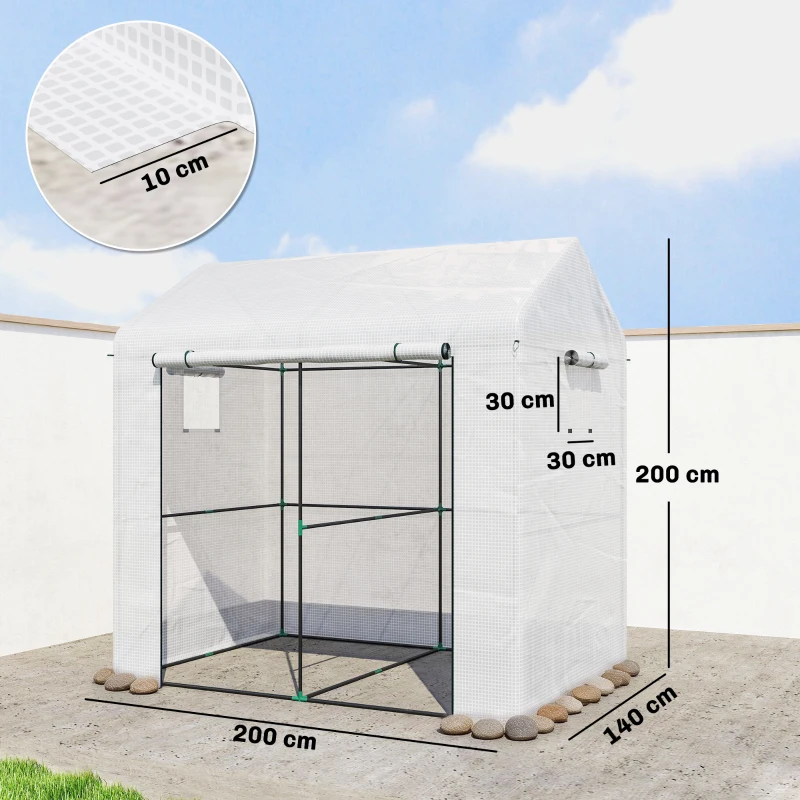 Outsunny PE Garden Greenhouse, Balcony Greenhouse, Reinforced 135 g/m² Cover, Steel Frame, Zippered Door, 200 x 140 x 200 cm, White