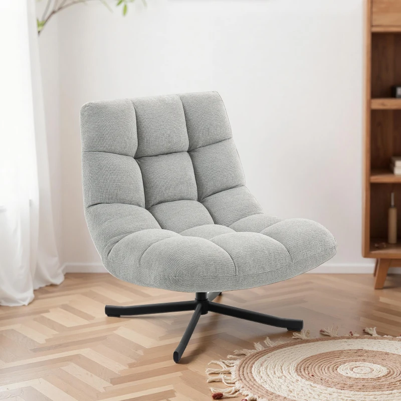 HOMCOM Poltrona girevole lounge con seduta ampia, effetto chenille idrorepellente, gambe incrociate in acciaio, Grigio chiaro