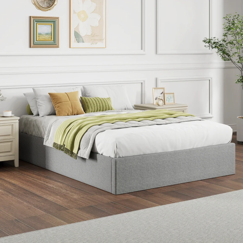HOMCOM Cama con arcón 140 x 190 cm, estructura de cama doble tapizada, somier de lamas de madera, almacenamiento oculto, sin ruido, gris