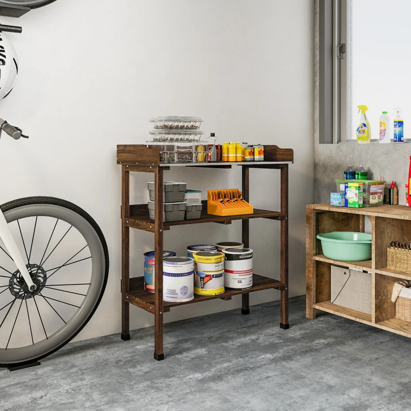 Outsunny Mesa de Jardinería de Madera con Superficie Metálica Estantes y Ganchos para Jardín Terraza 76x37x89 cm Carbonizado