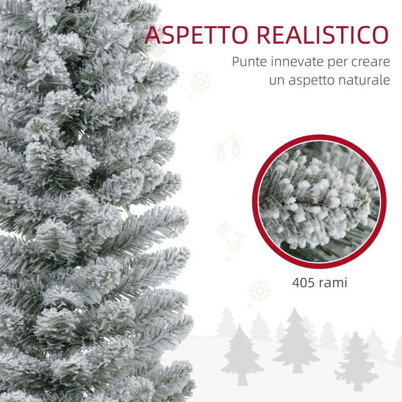 HOMCOM Albero di Natale Innevato con 405 Rami e Luci LED Bianche in Plastica e Metallo, Ø57x210 cm, Verde