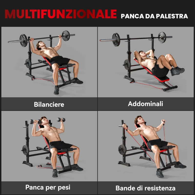 SPORTNOW Panca Fitness con Rack per Pesi, Schienale e Sedile Regolabili, Dip Station, Capacità 420 kg