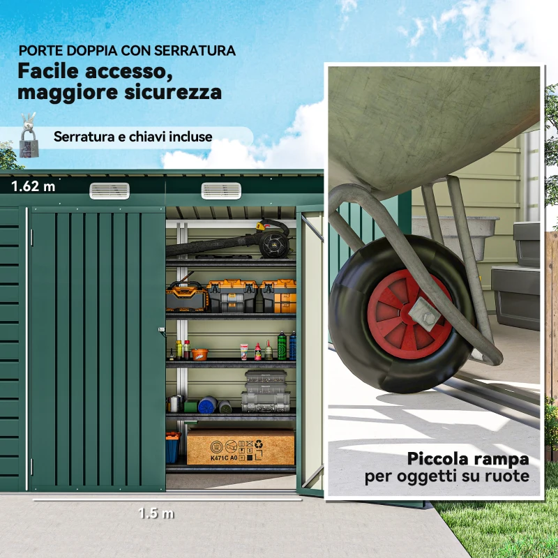 Outsunny Capanno Porta Attrezzi con 2 Prese d'Aria e Chiavistello, in Acciaio, 249x121x183 cm, Verde