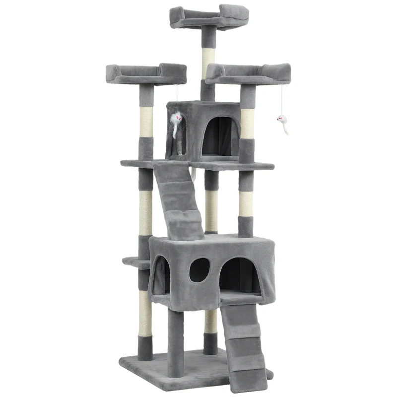 PawHut Arbre à Griffer pour Chats Arbre pour Chats 153 cm avec 2 Cabanes 3 Couchages 2 Rampes Poteaux en Sisal Souris Suspendues Gris