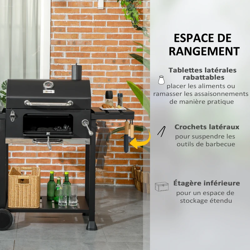 Outsunny Barbecue au charbon de bois bac à charbon réglable, couvercle, thermomètre, tablettes, à roulettes, en acier inoxydable