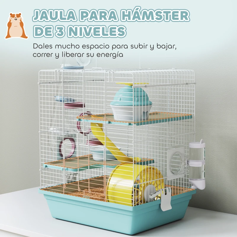 PawHut Jaula para Hámster con Túnel Plataformas Cuenco Bebedero Casita Rampas y Rueda de Ejercicio 47x30x70 cm Gris