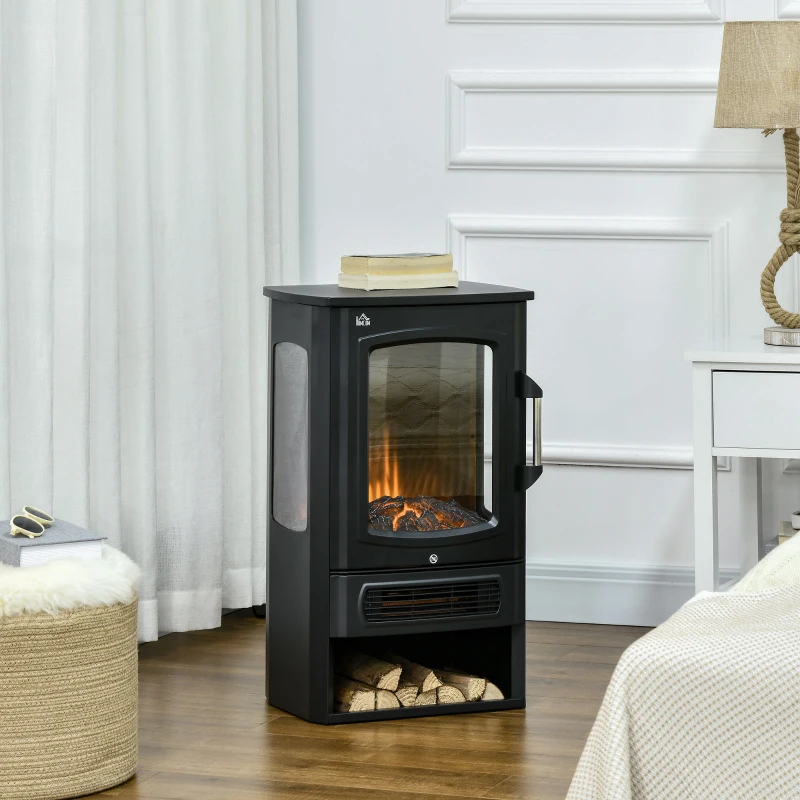 HOMCOM Caminetto elettrico, fiamme realistiche, 2 livelli di riscaldamento, protezione contro il surriscaldamento, acciaio, nero, 44,5 x 32 x 74 cm