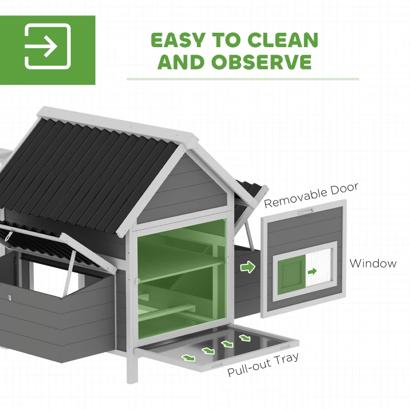 PawHut Groot kippenhok voor 7-10 kippen, zitstokken, schommel, raam, nestkasten, draadgaas, grijs