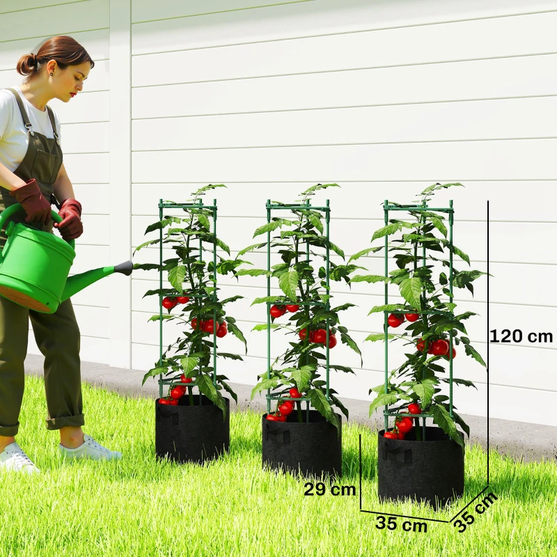 Outsunny Patură înălțată cu suport pentru cățărători saci 83,7 litri set de 3 jardiniere triunghiulare suport roșii 35 x 35 x 120 cm