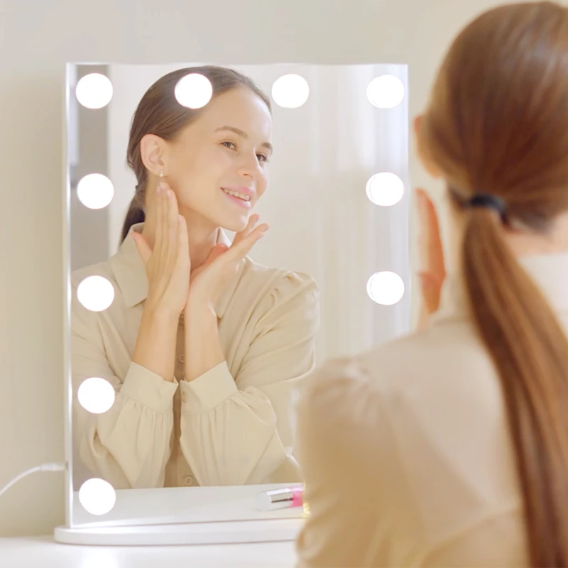 HOMCOM Espejo de Maquillaje Estilo Hollywood Espejo de Tocador Táctil con 12 Luces LED Ajustables 41,5x13,5x51 cm Blanco