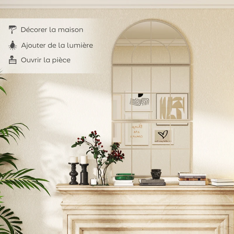 HOMCOM Miroir mural arqué miroir mural en forme de fenêtre ensemble de 3 pièces cadre en métal 76 x 150 cm doré