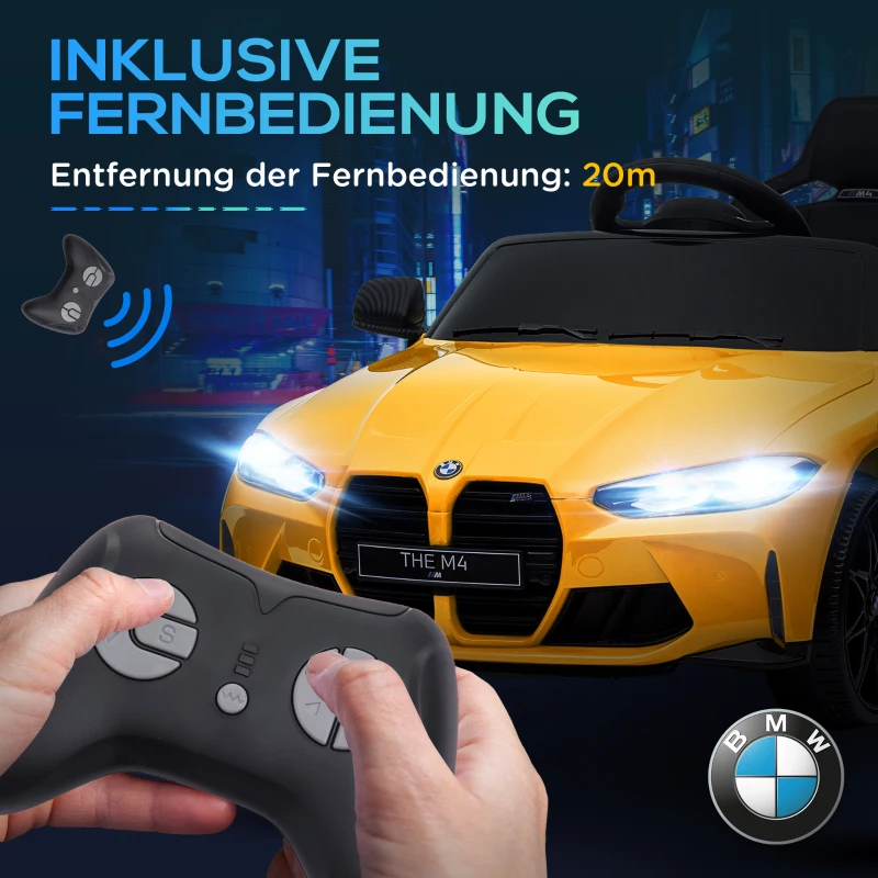 AIYAPLAY Auto elettrica per bambini BMW M4, Suoni & Luci, 3-5 km/h, incl. telecomando, per 3-5 anni, Giallo