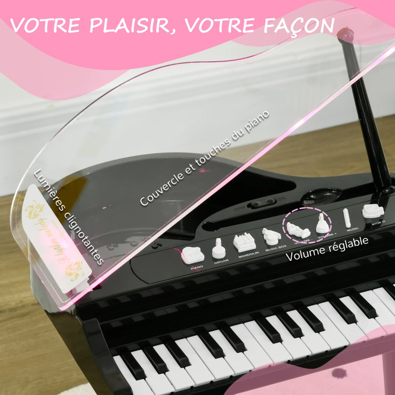 AIYAPLAY Piano enfant électronique 32 touches multifonctions avec micro haut parleur tabouret couvercle lumineux LED noir