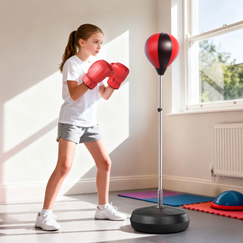 HOMCOM Saco de Boxeo de Pie Punching Ball con Altura Ajustable de 4 Niveles en 126-144 cm Base Rellenable de Agua o Arena Guantes y Inflador para Adolescentes Rojo y Negro